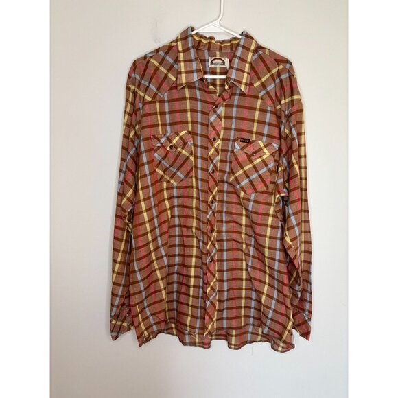 WRANGLER Snap Up Long Slv Collared Shirt Mens Tall XXL Brown Plaid Lightweight - Picture 6 of 7